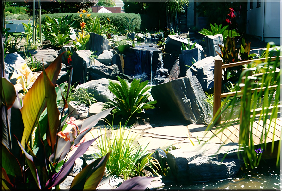 Slate stone waterfall and natural swimming pool,bio pool.