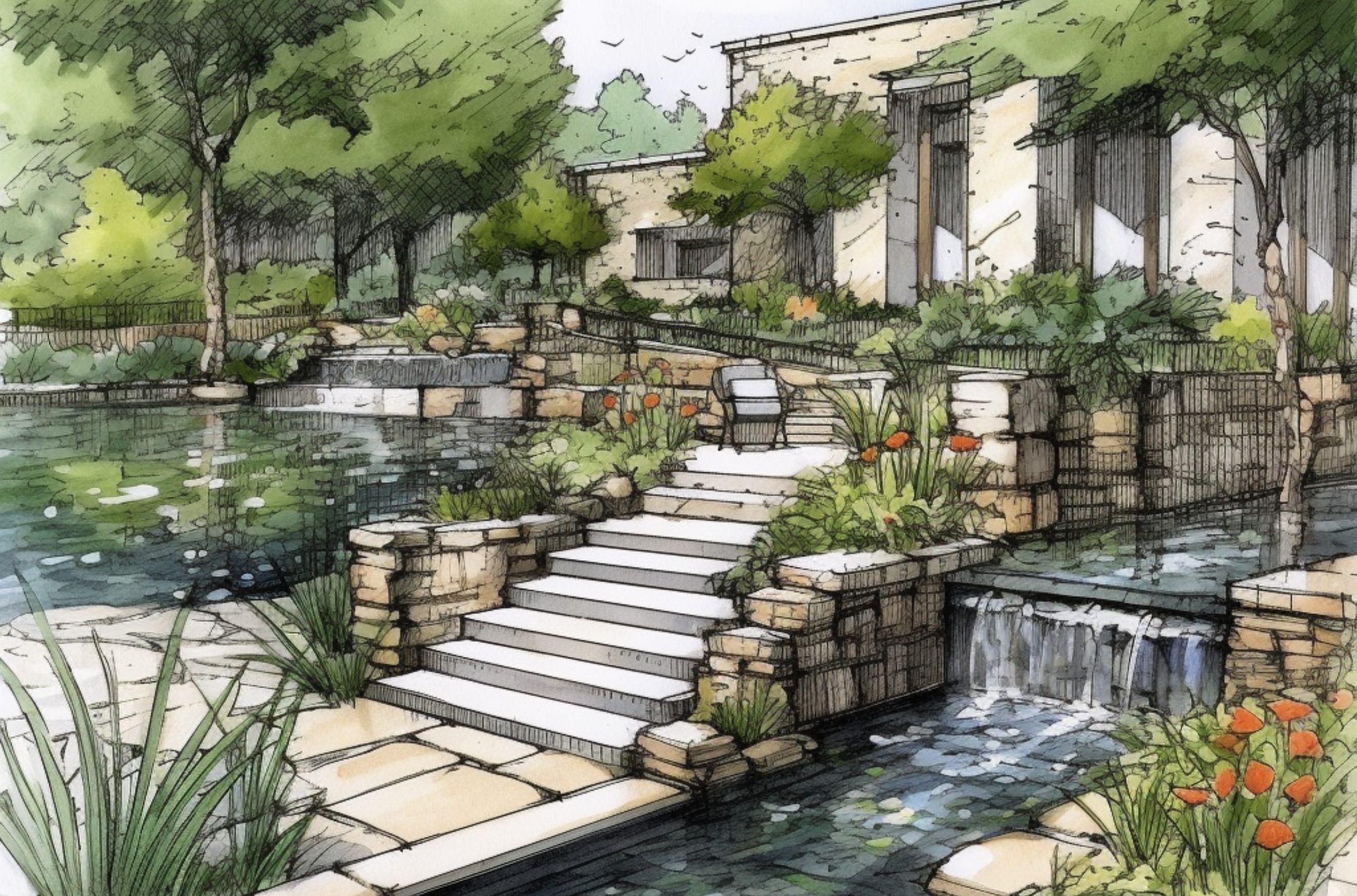 Water feature design with stream, natural pool and pond.