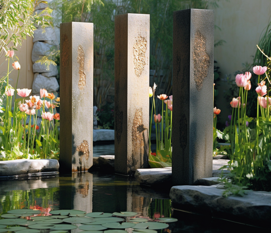 Basalt column decorative water feature
with reflection pool.