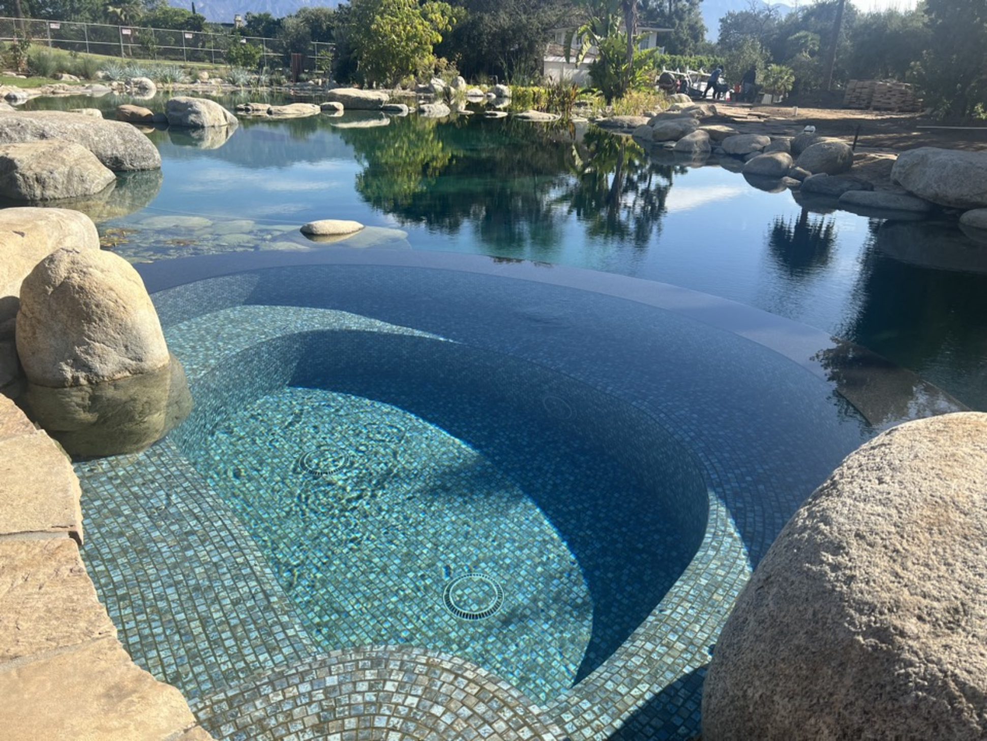 Tile hot tub and natural bio pool with plant and bio bead, UVC and ozone filtration