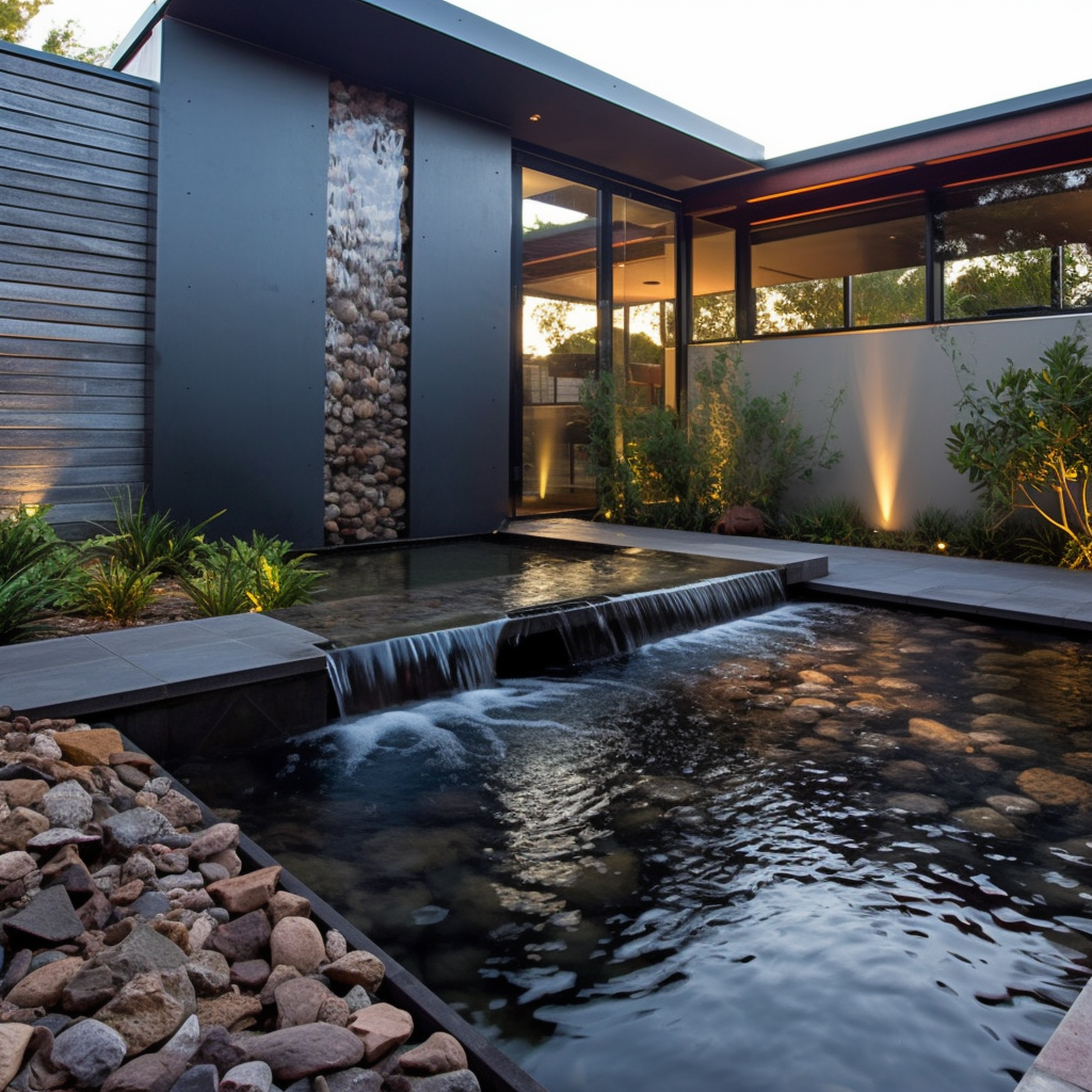 Decorative wet wall water feature entrance to modern home. All natural filtration.