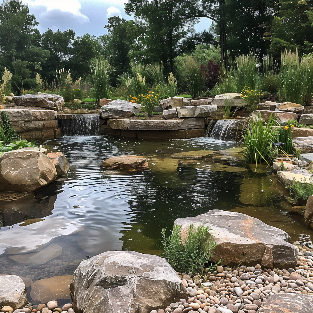 Natural limestone swimming pool,bio pool with waterfalls.