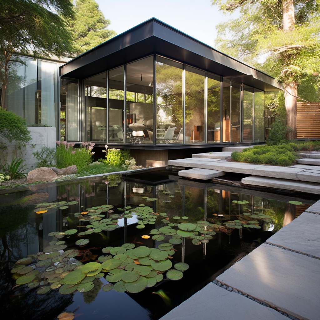 Decorative koi pond water feature in front of modern home.