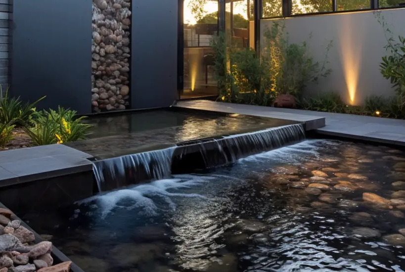 Decorative wet wall water feature
entrance to modern home. All natural filtration.